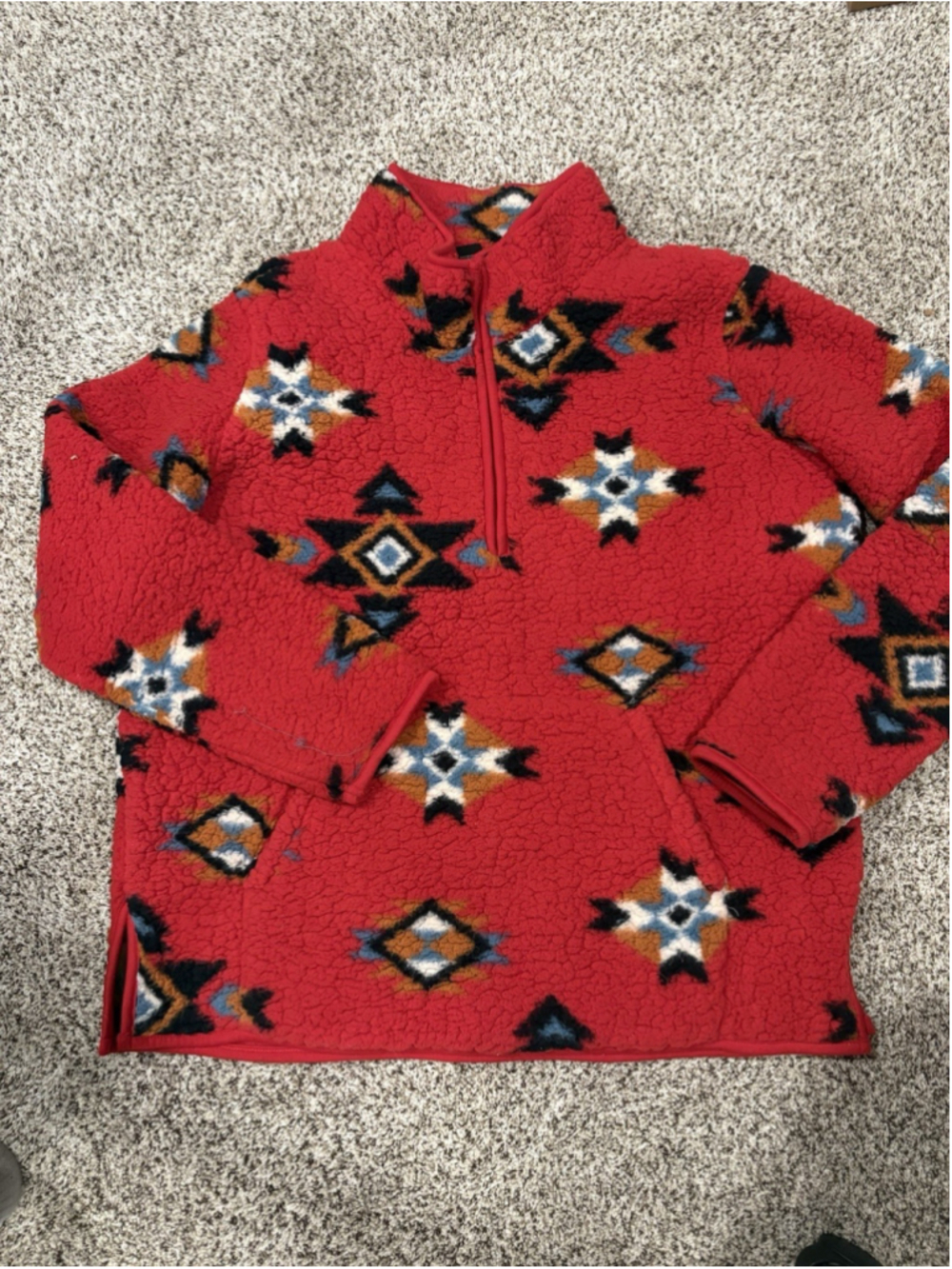 Wrangler Womens L Red Aztec Fleece Pullover 1/4 Zip Sweater Southwest Retro